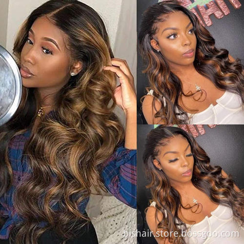 T-part lace front wig suitable for women Brazilian real hair gradient color brown body wavy front wig 18inch